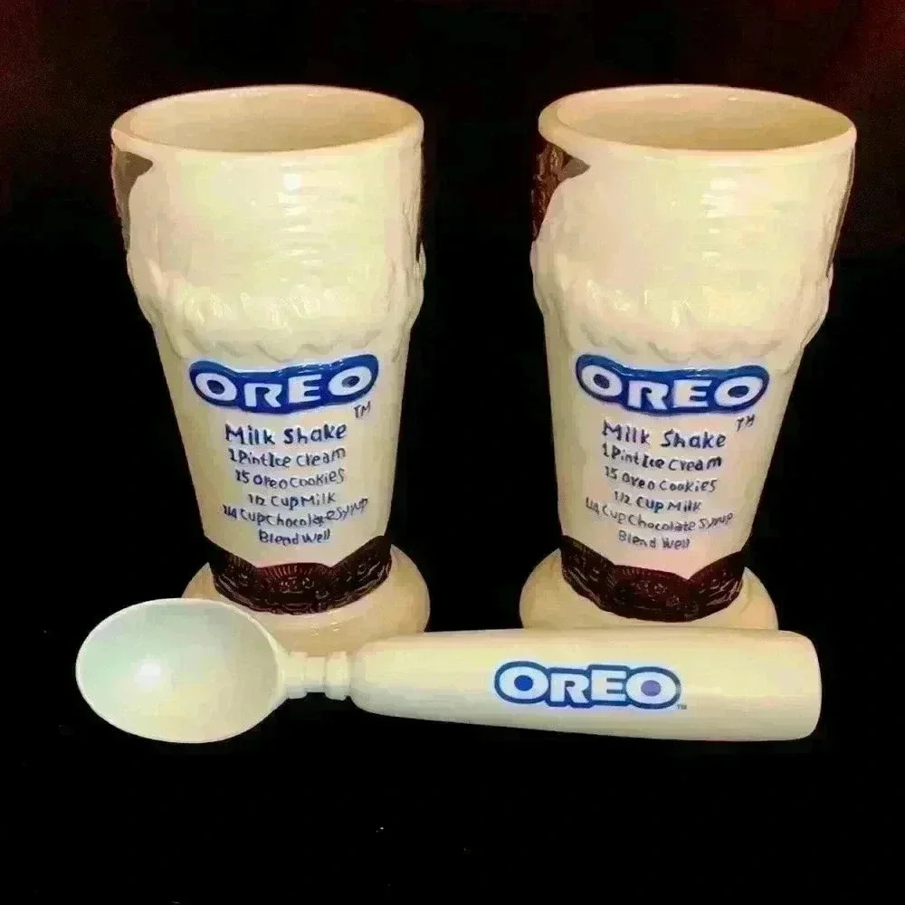 Vintage Oreo Milkshake Ceramic Malt Glasses (2) with Recipe on Side and Scoop